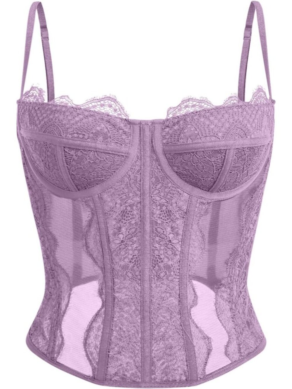 Womens Light Purple Boned Lace Mesh Underwire Bustier Spaghetti Strap Corset Top
